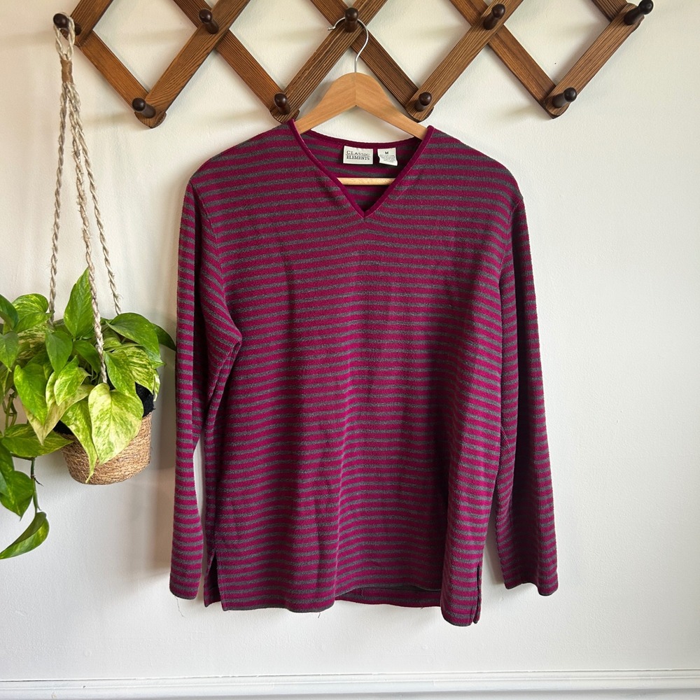 Classic Elements Magenta Grey Striped V-Neck Ribbed Long Sleeve Top Medium